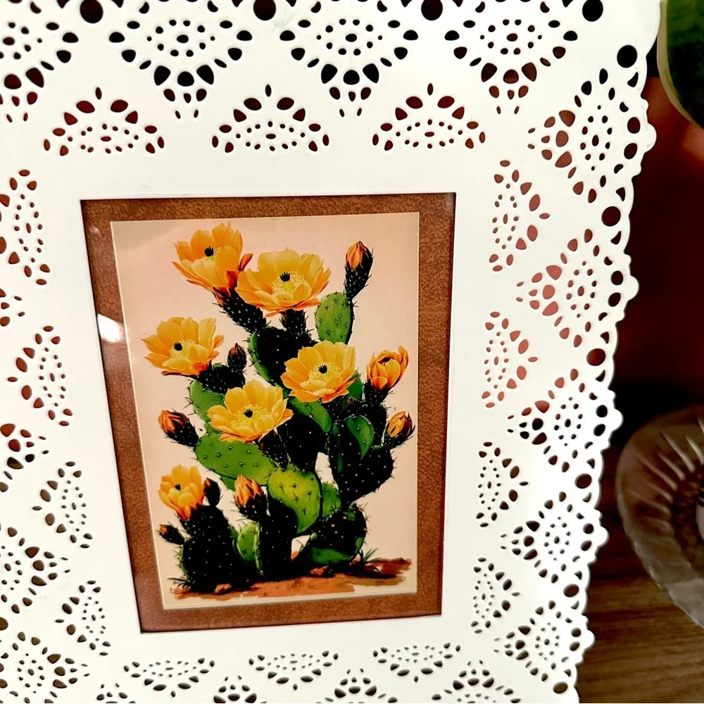 Prickly Pear Cactus Blooming Succulent Plant Delicate Lace Metal Framed Postcard